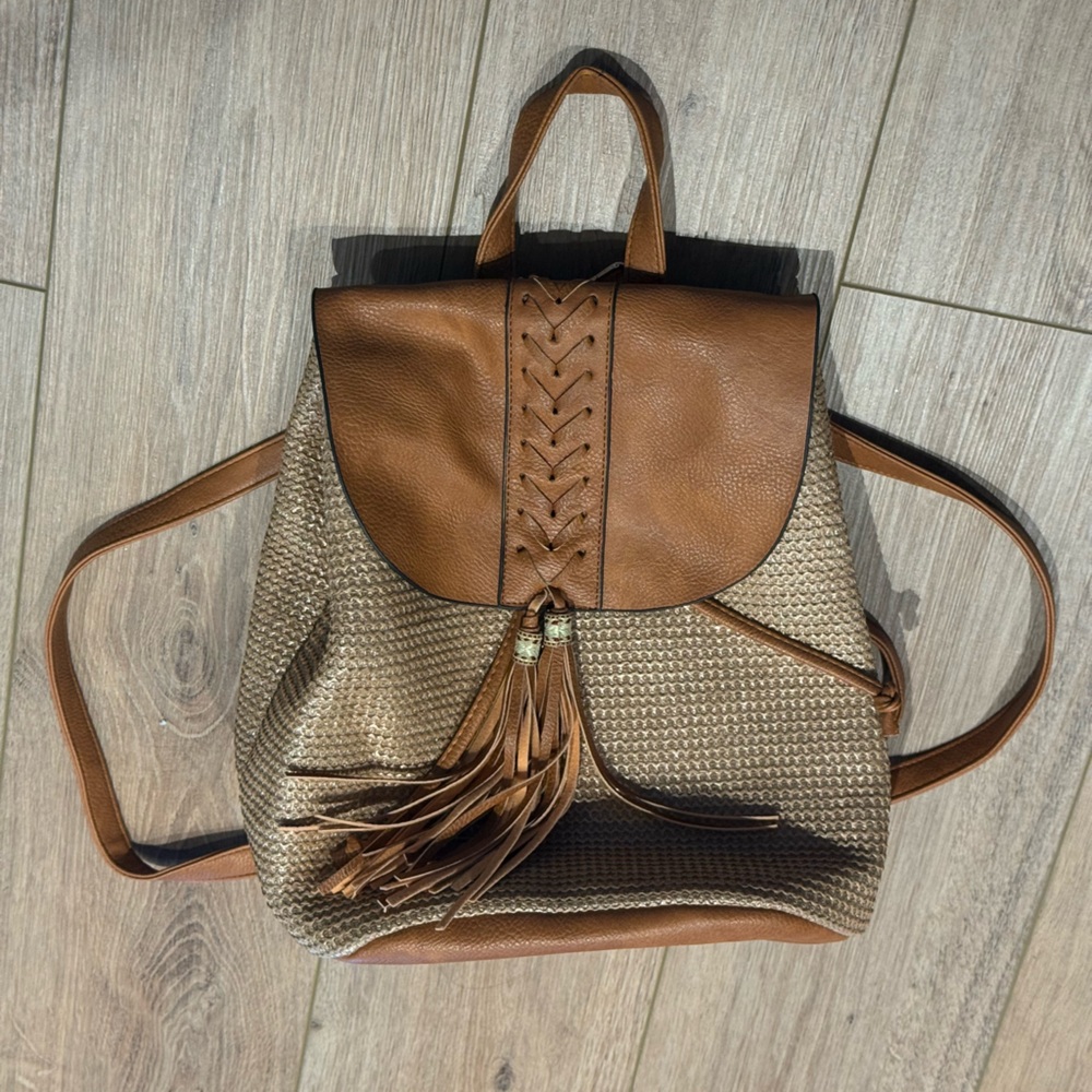 Brown and Tan Woven Backpack